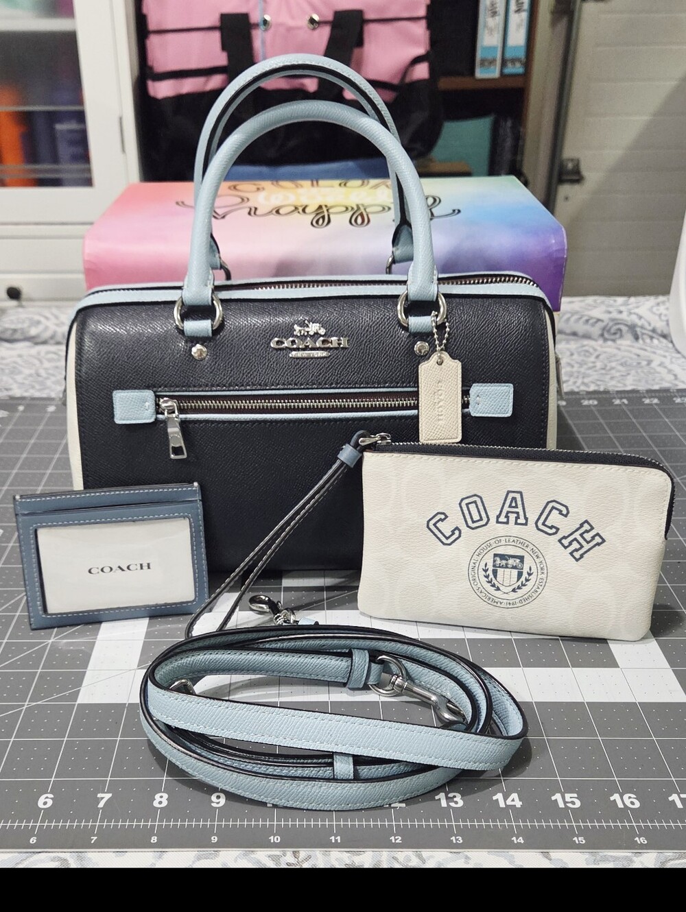 Coach Rowan Colorblock Satchel - Navy Light Blue And White 3 Piece Bundle!!